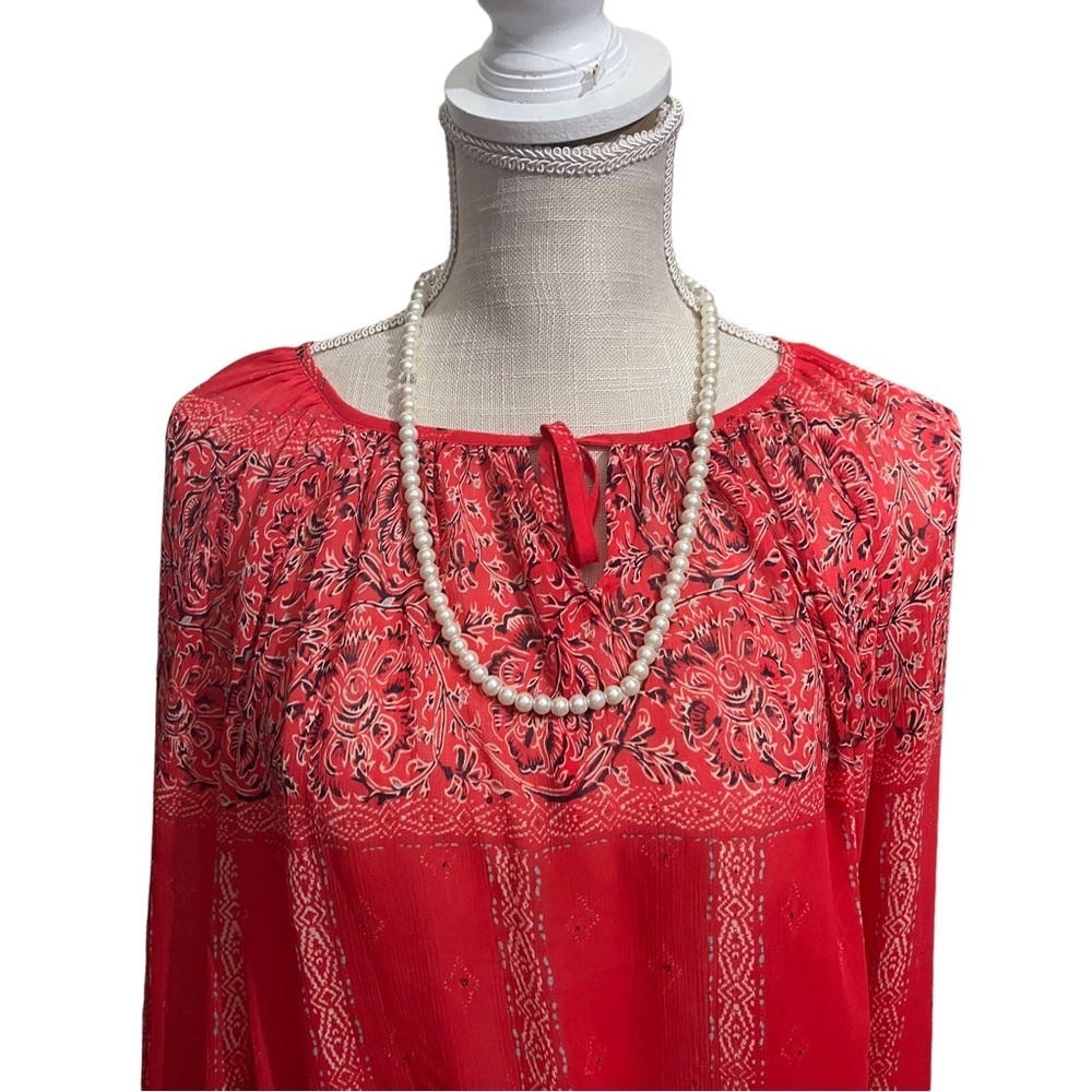 Lucky Brand Women Orange Floral Aztec Long Sleeve Peasant Top Sz M Boho Coverup